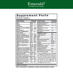 Close-up of Emerald Labs 45+ capsules highlighting vegetarian, non-GMO formula.