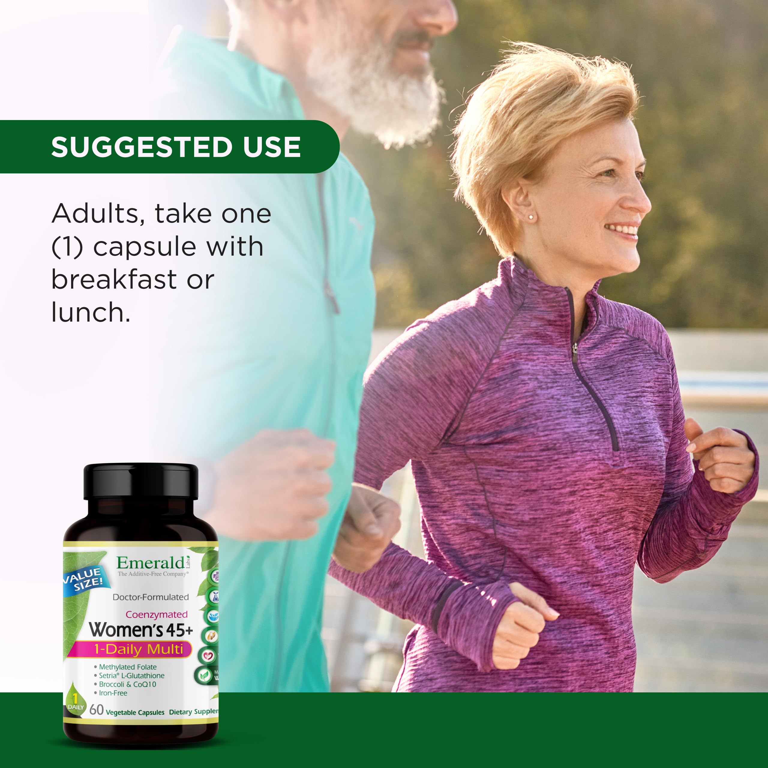 Gluten-free badge featured on Emerald Labs Women 45+ label.