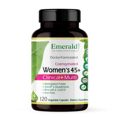 Emerald Labs Women's 45+ Multi bottle shows vitamins for bone and heart health support.