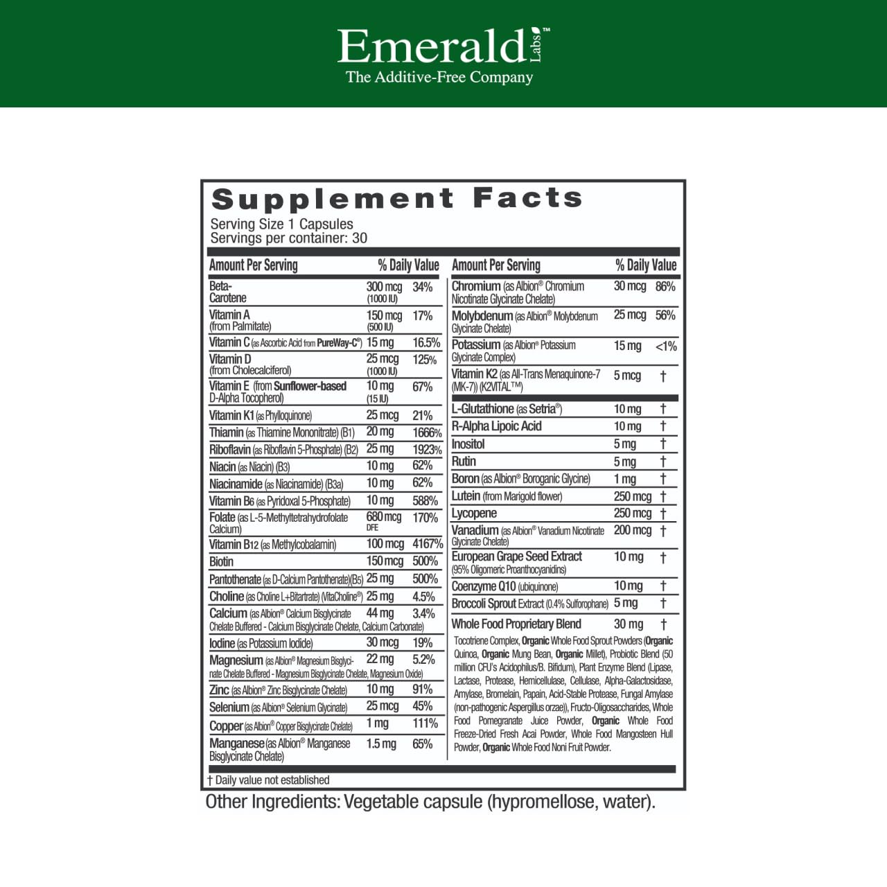 Emerald Labs Women's 45+ capsules closeup showing vegetarian, gluten-free formula.