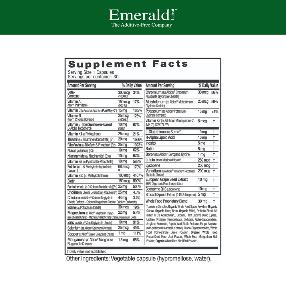 Emerald Labs Women's 45+ capsules closeup showing vegetarian, gluten-free formula.