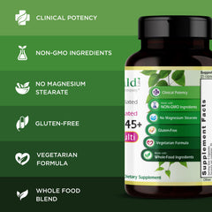 Emerald Labs Women's 45+ Multi gluten-free label signals allergen-friendly daily nutrition.