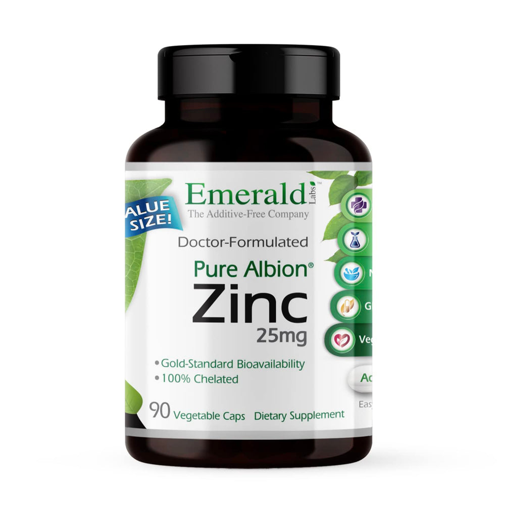 Emerald Labs Zinc 25mg bottle front, daily immune and digestive support option.