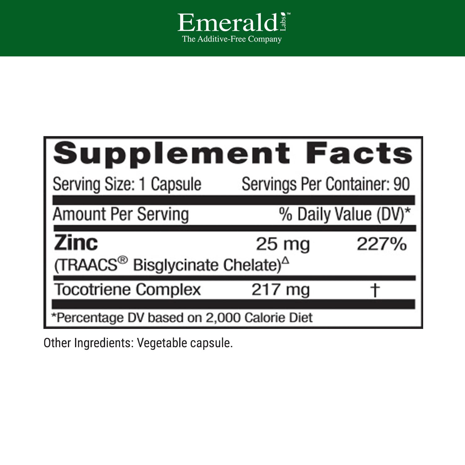 Emerald Labs Zinc 25mg bottle label shows vegan and gluten-free features.