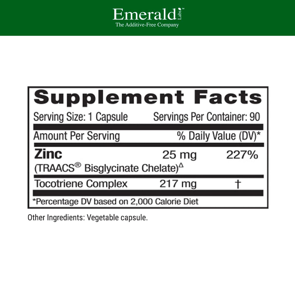 Emerald Labs Zinc 25mg bottle label shows vegan and gluten-free features.