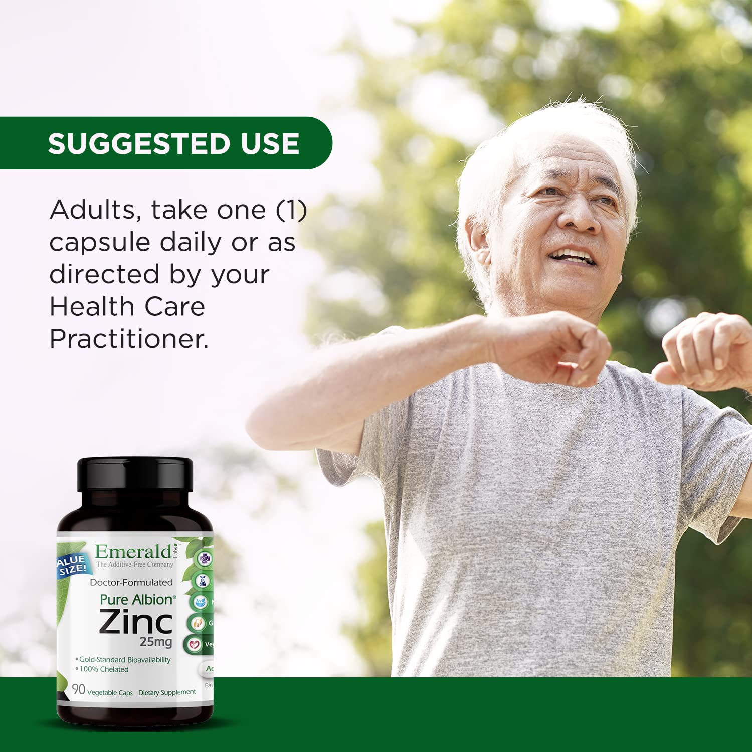 Emerald Labs Zinc 25mg ingredients are gluten-free vegan and chelated zinc.