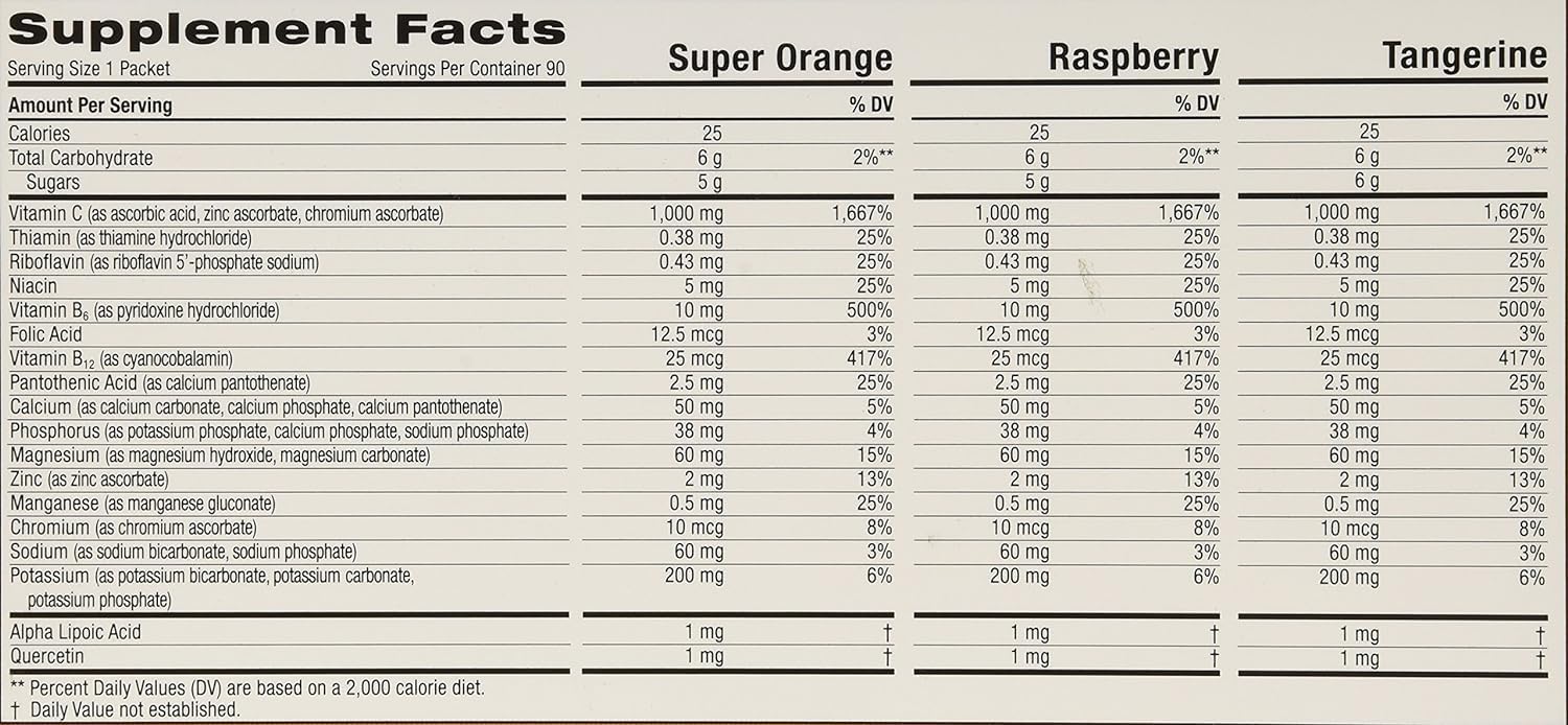 Emergen-C 1000 mg Raspberry and Tropical flavors in a 90-pack box for on-the-go