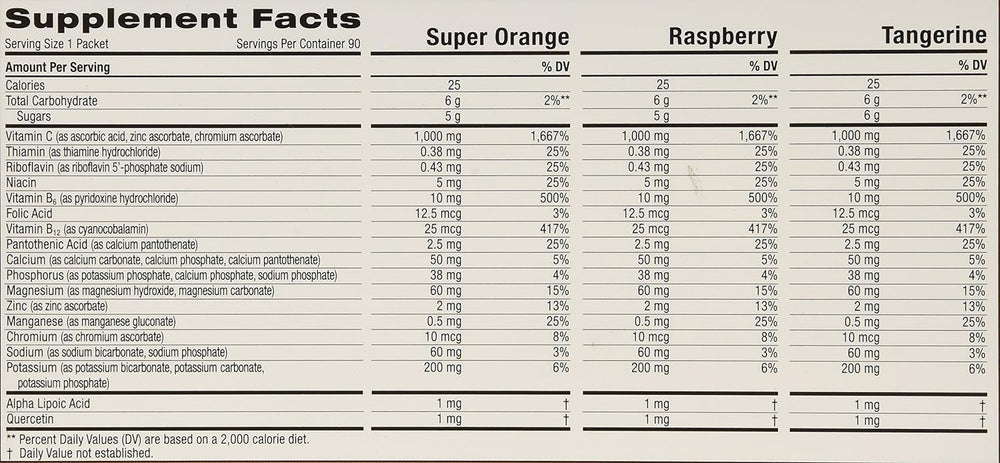 Emergen-C 1000 mg Raspberry and Tropical flavors in a 90-pack box for on-the-go