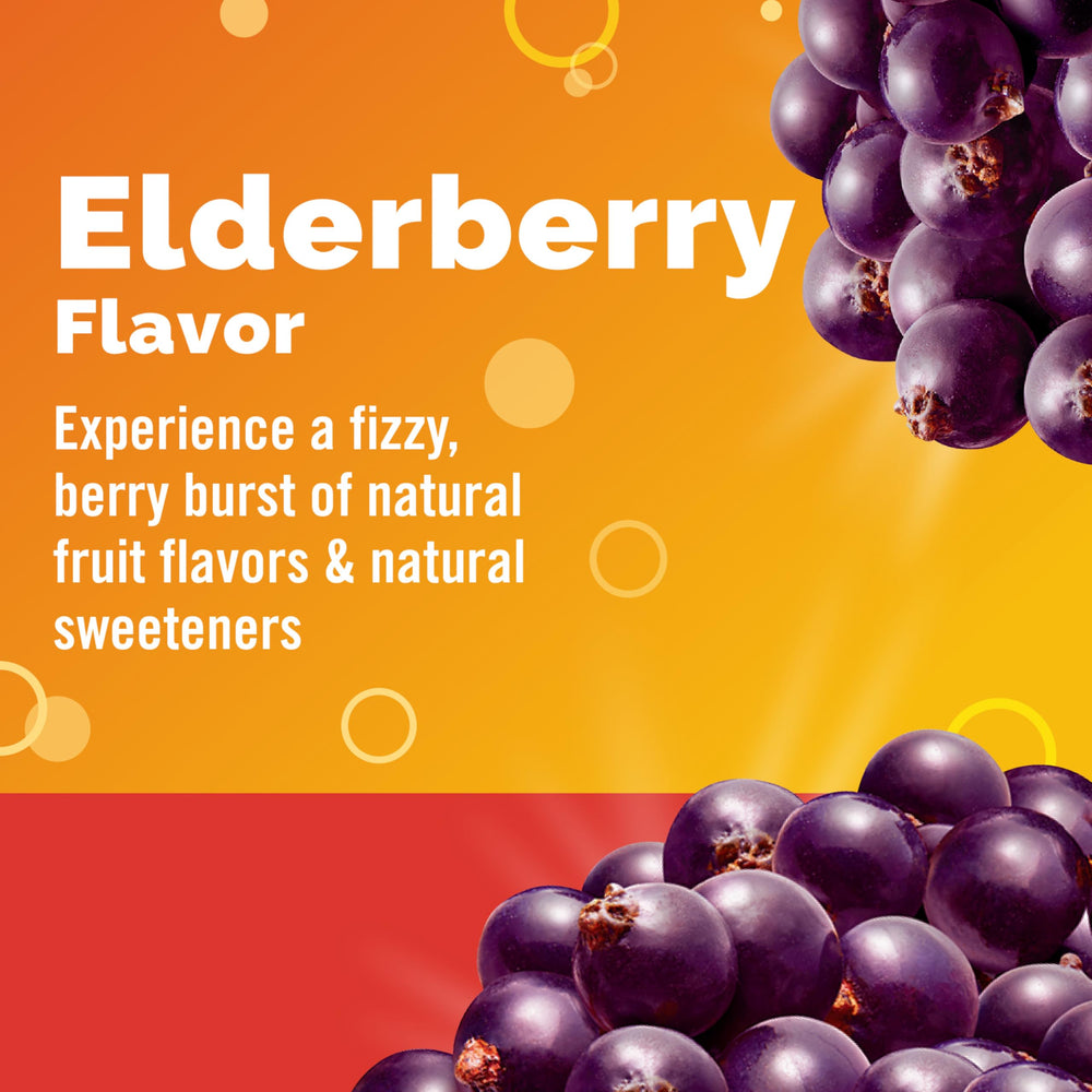 Emergen-C Elderberry glass with fizz showing refreshing hydration.