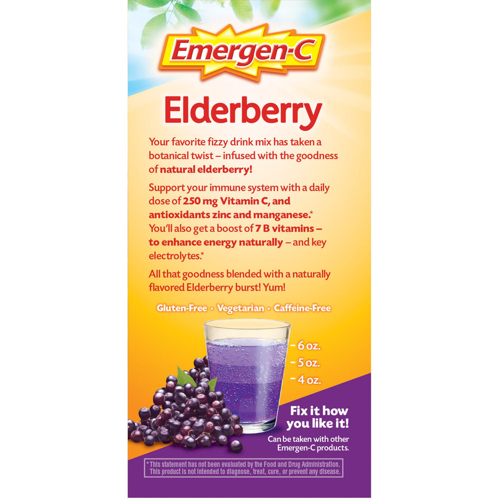 Emergen-C Elderberry on-the-go pack ideal for travel and busy days.