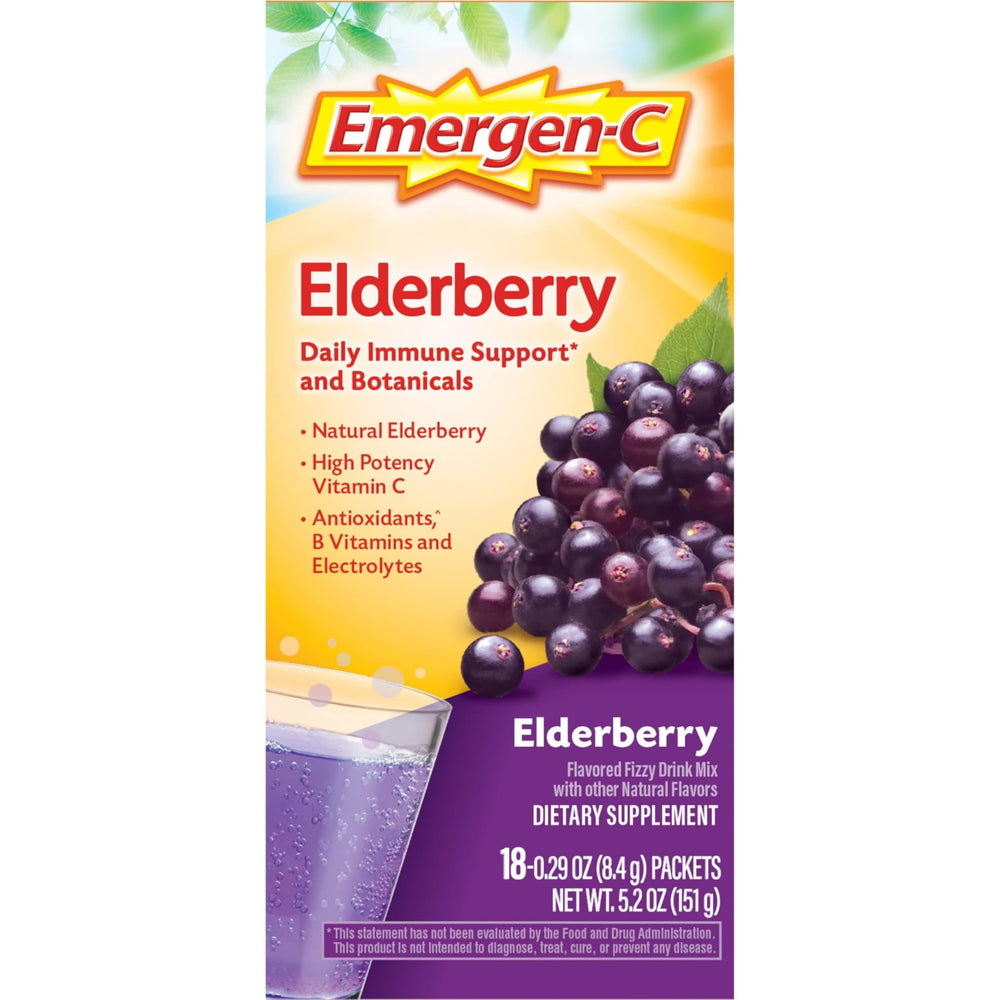 Emergen-C Elderberry with vitamin C and B vitamins for energy-friendly routine.