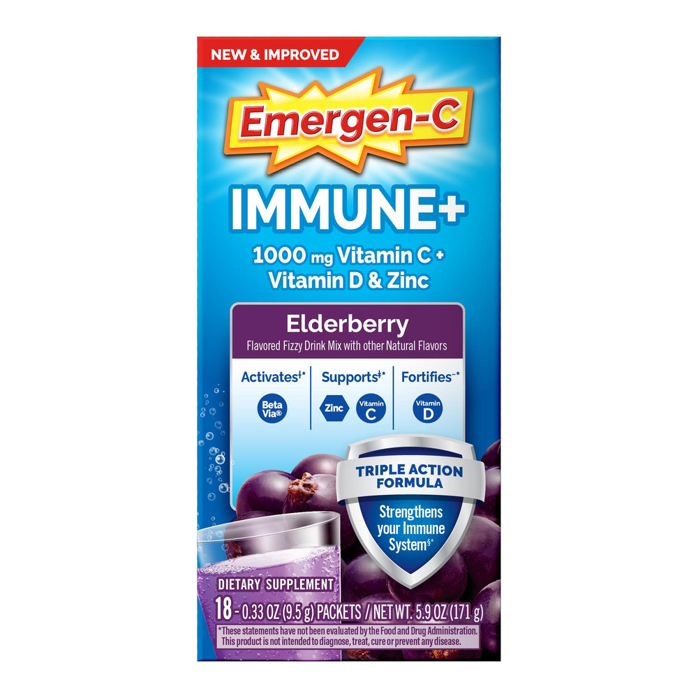 Emergen-C Immune+ Elderberry packets for daily immune support on the go.