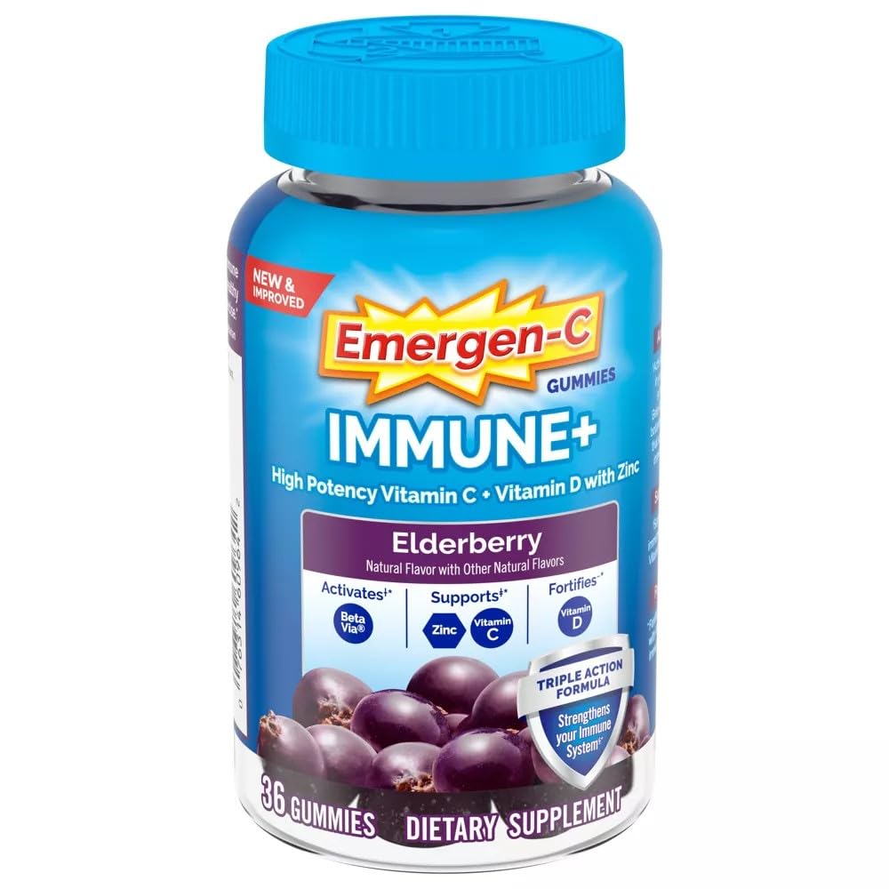 Emergen-C Immune+ Gummies Elderberry bottle for convenient daily immune support.