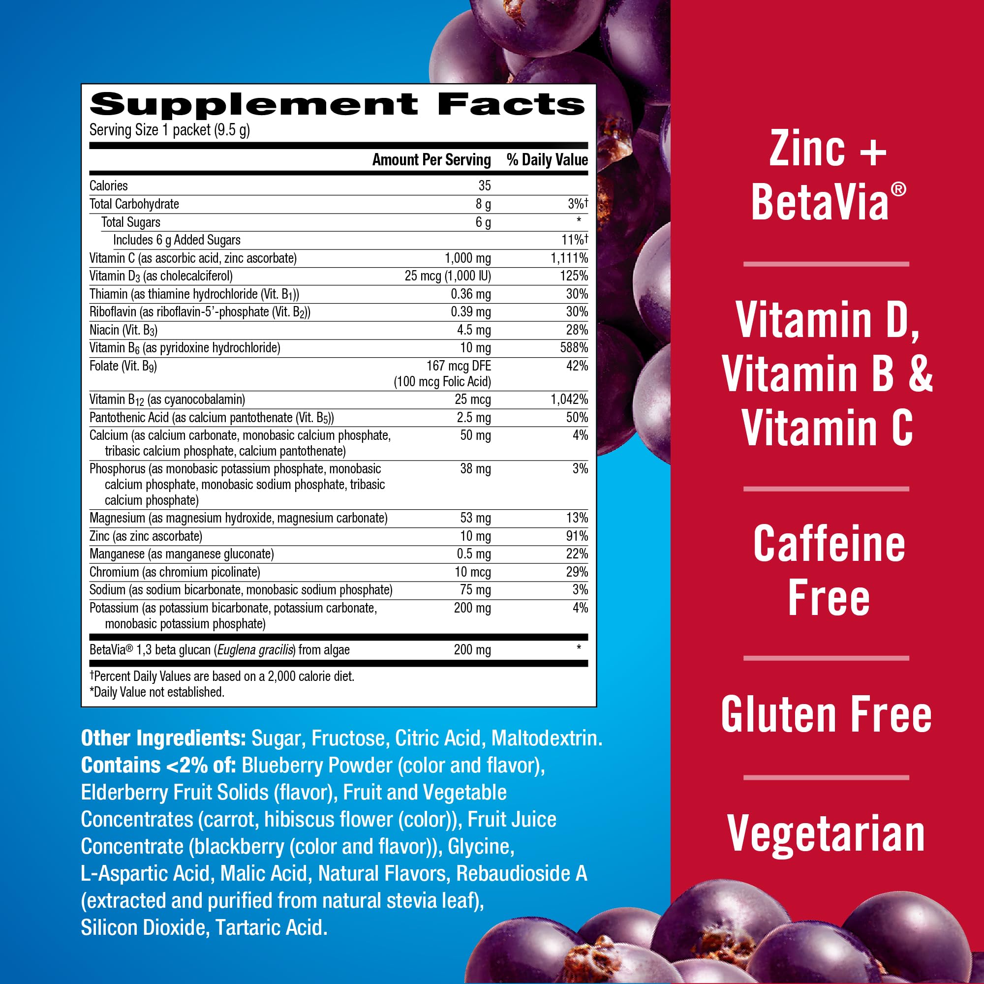 Emergen-C Vegetarian gluten-free formula suitable for diverse diets.