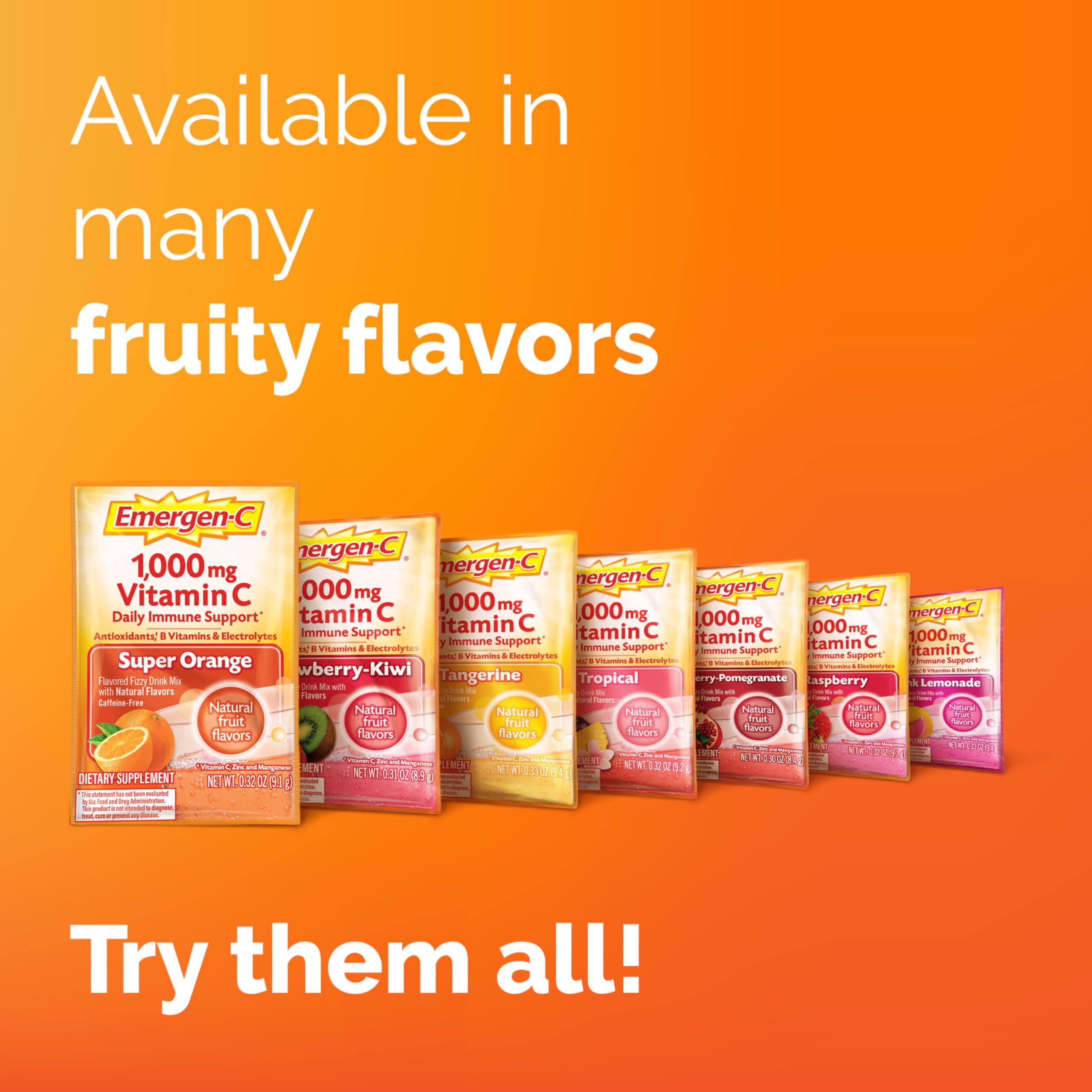 Emergen-C vitamin C packets close-up highlighting natural orange flavor