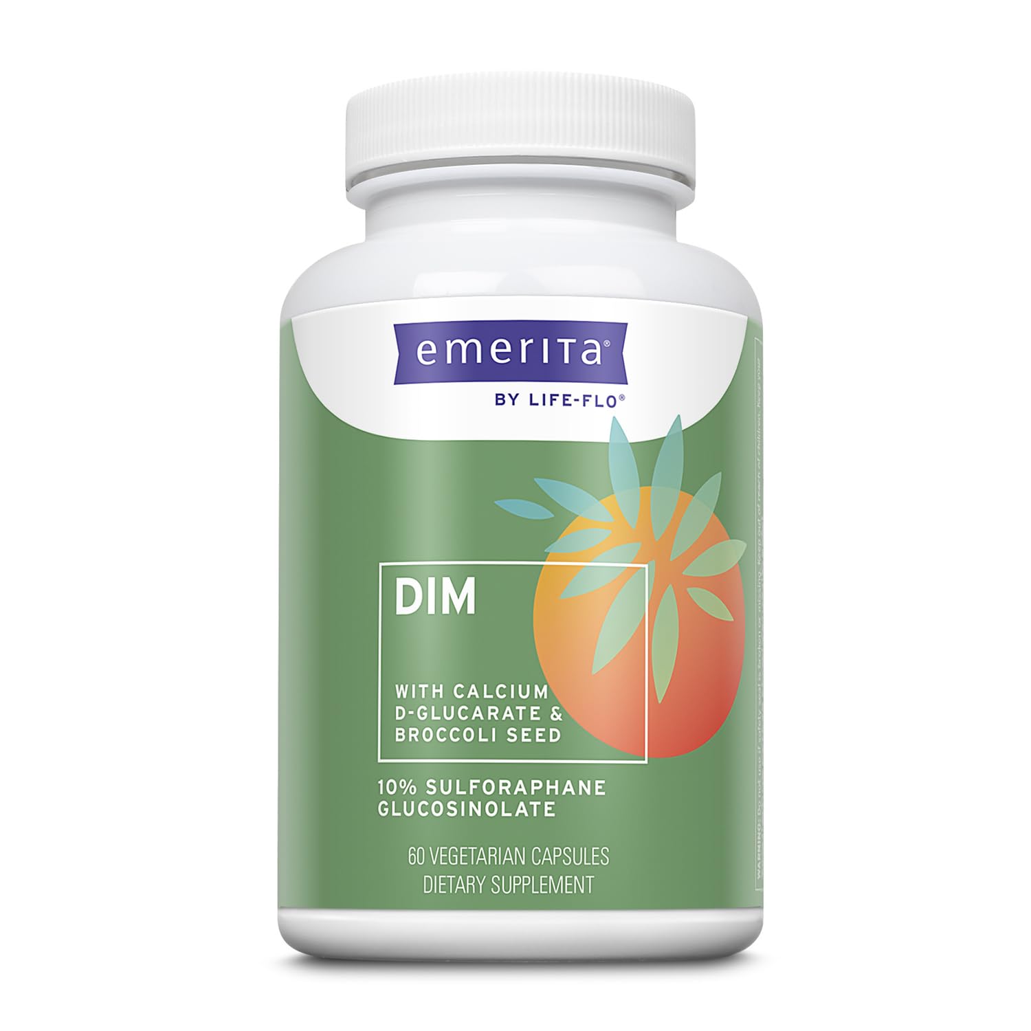 Emerita DIM bottle front displaying 100 mg DIM and broccoli seed extract for balance support