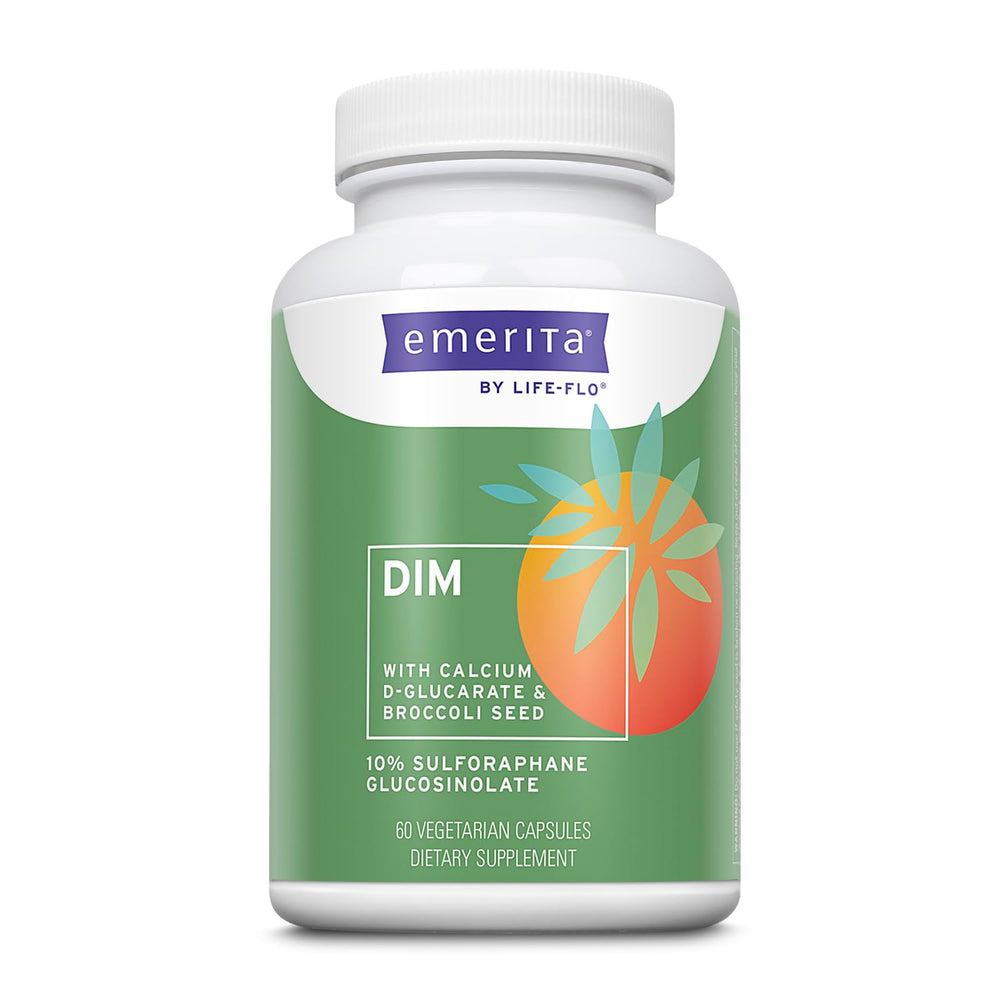 Emerita DIM bottle front displaying 100 mg DIM and broccoli seed extract for balance support