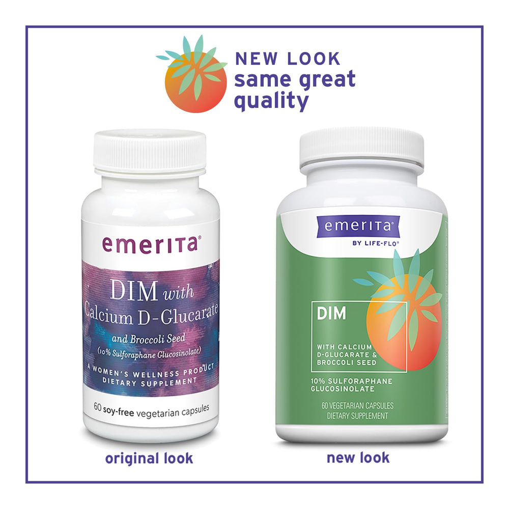 Emerita DIM capsules close-up showing vegetarian, soy-free capsules for daily wellness