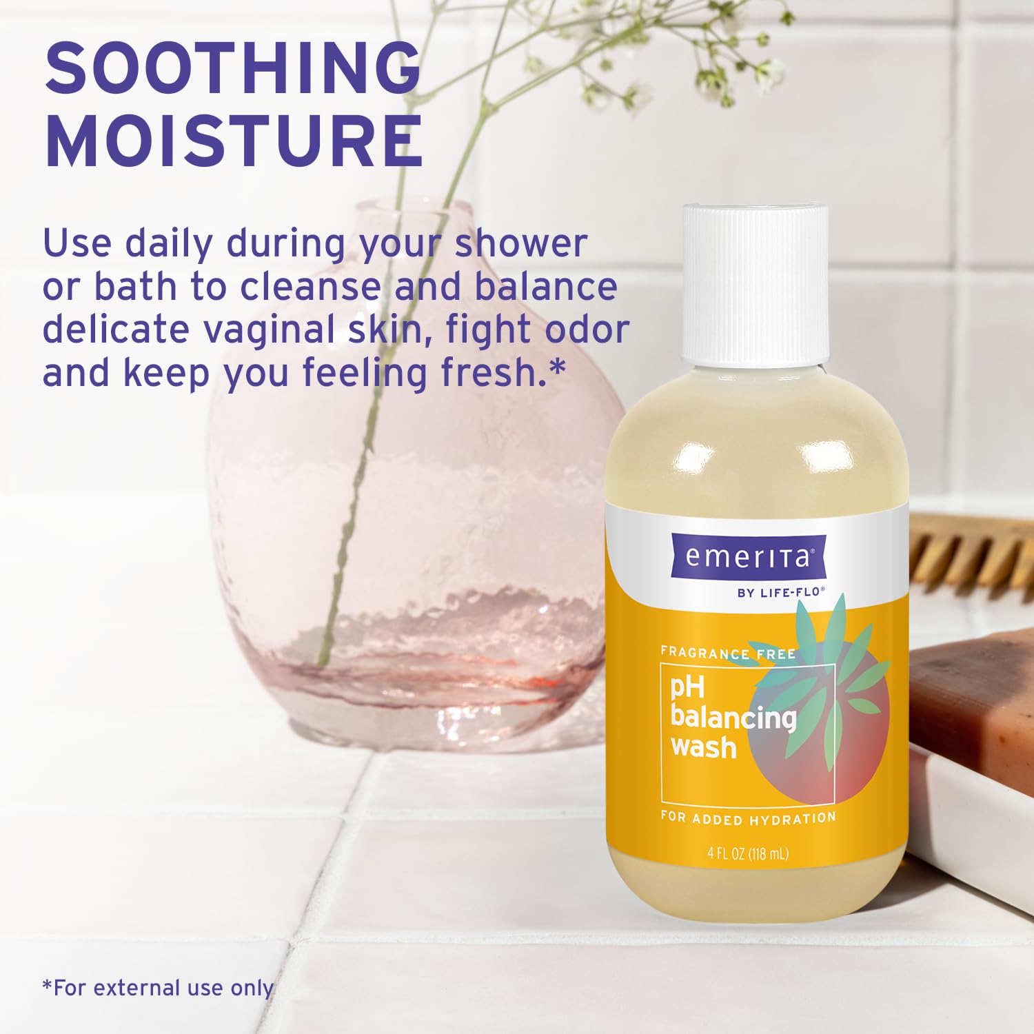 Emerita liquid cleanser pump demonstrates external-use application.