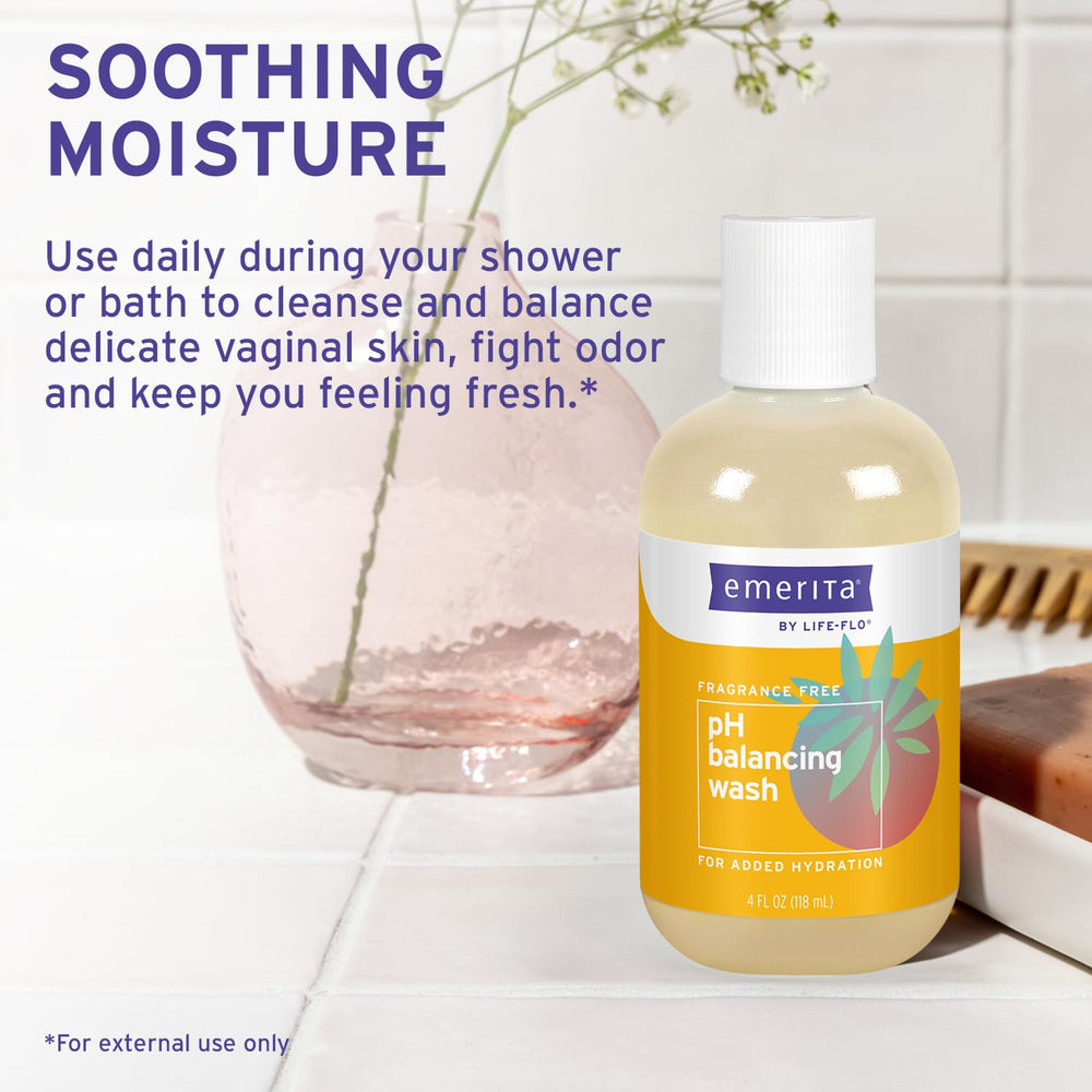 Emerita liquid cleanser pump demonstrates external-use application.