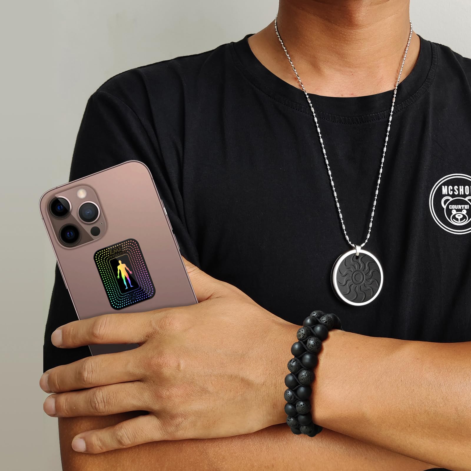 EMF Protection 3-in-1 set full view shows pendant, bracelet, and sticker together
