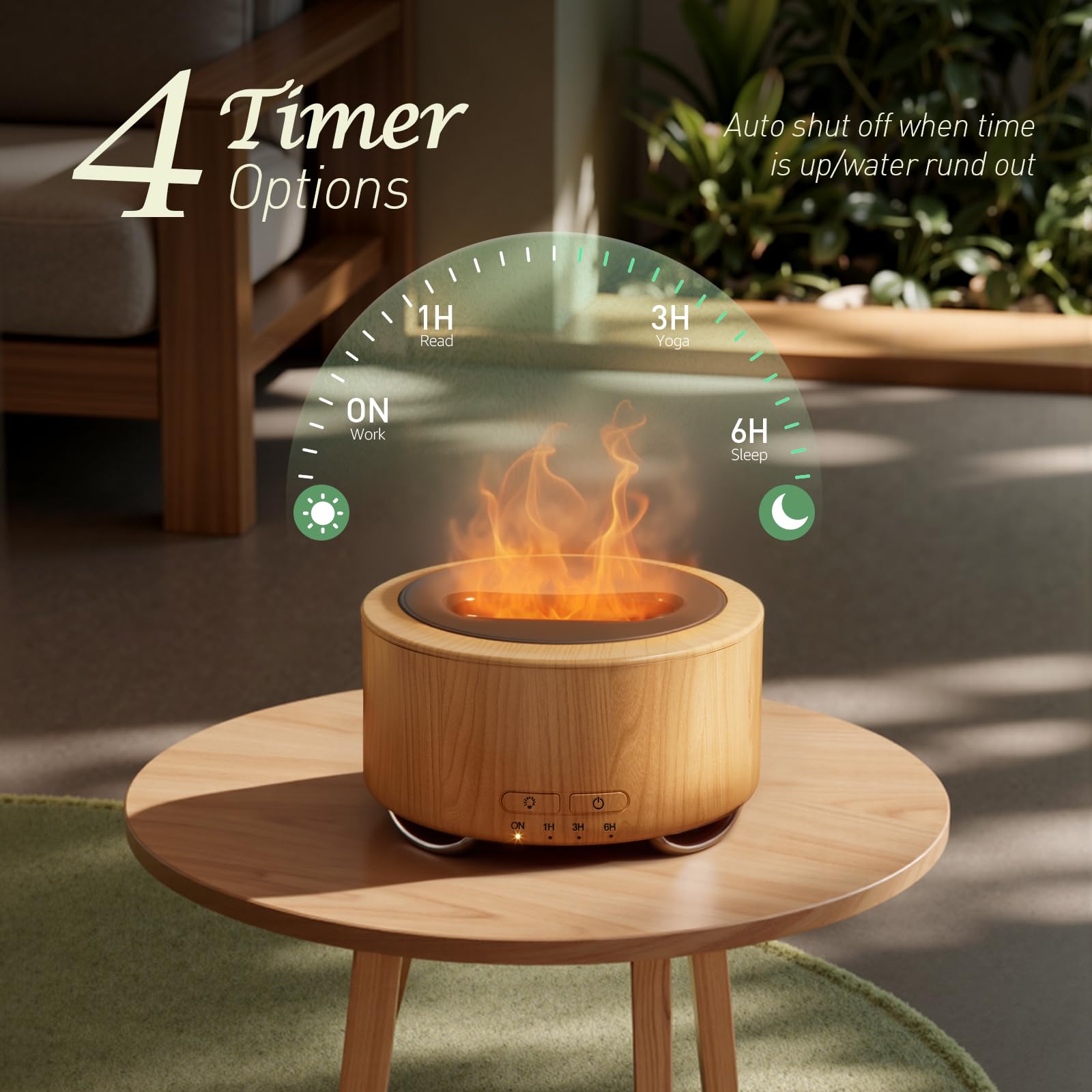 Emochies diffuser with flame-like LED glow in a cozy bedroom