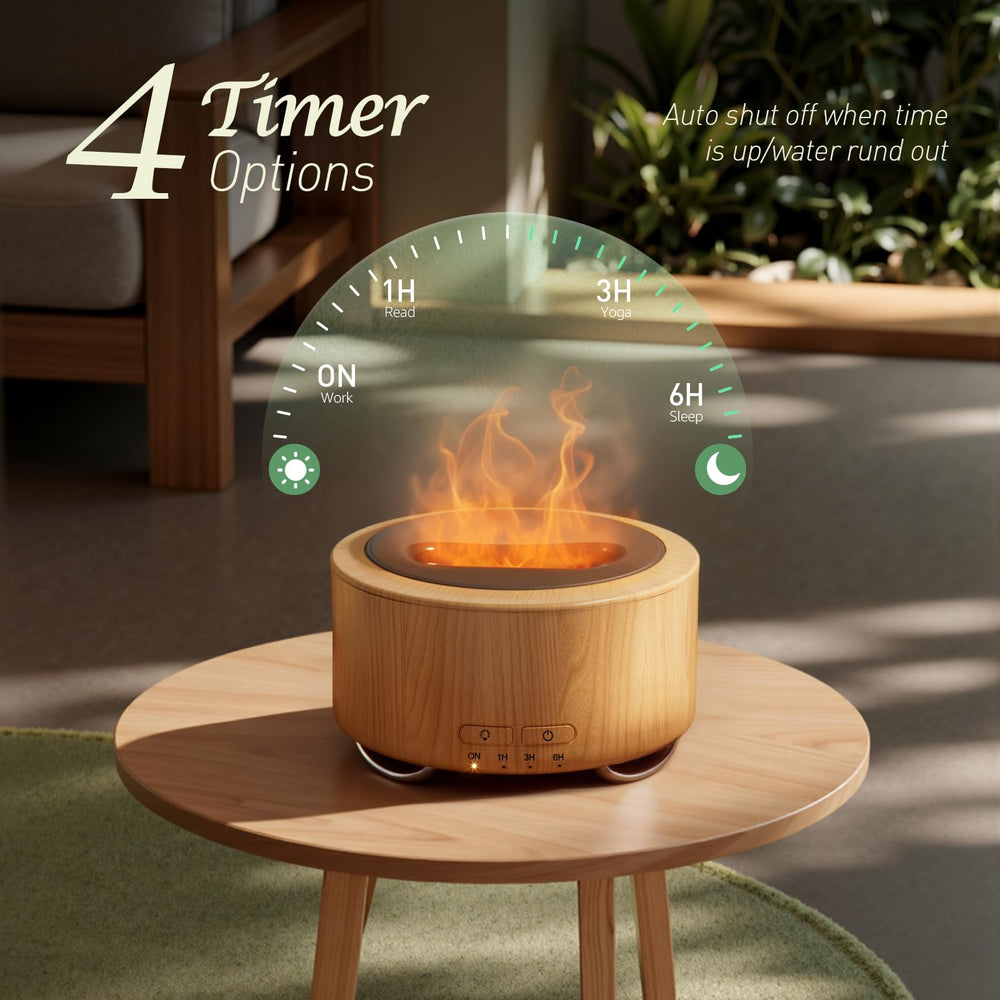 Emochies diffuser with flame-like LED glow in a cozy bedroom