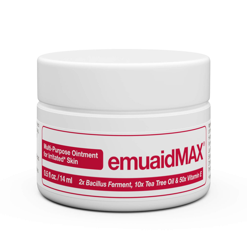EMUAIDMAX ointment jar close-up showing soothing texture for irritated skin.