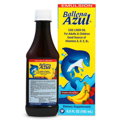 Ballena Azul Emulsion bottle front showing branding and omega-3 source