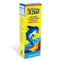Ballena Azul Emulsion bottle label closeup highlighting vitamins A, D, E