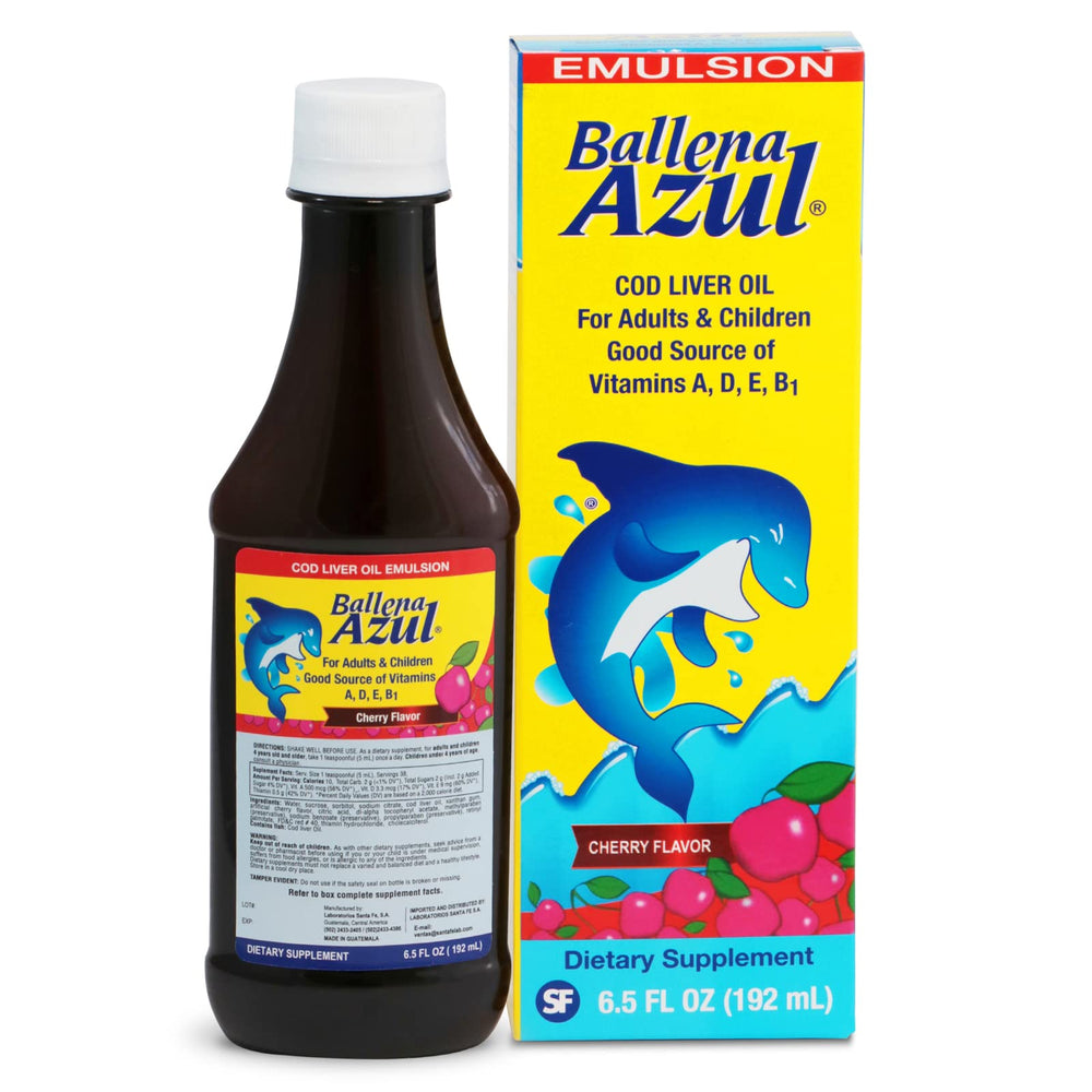 Emulsion Ballena Azul bottle pour supports easy daily dosing for adults and children.
