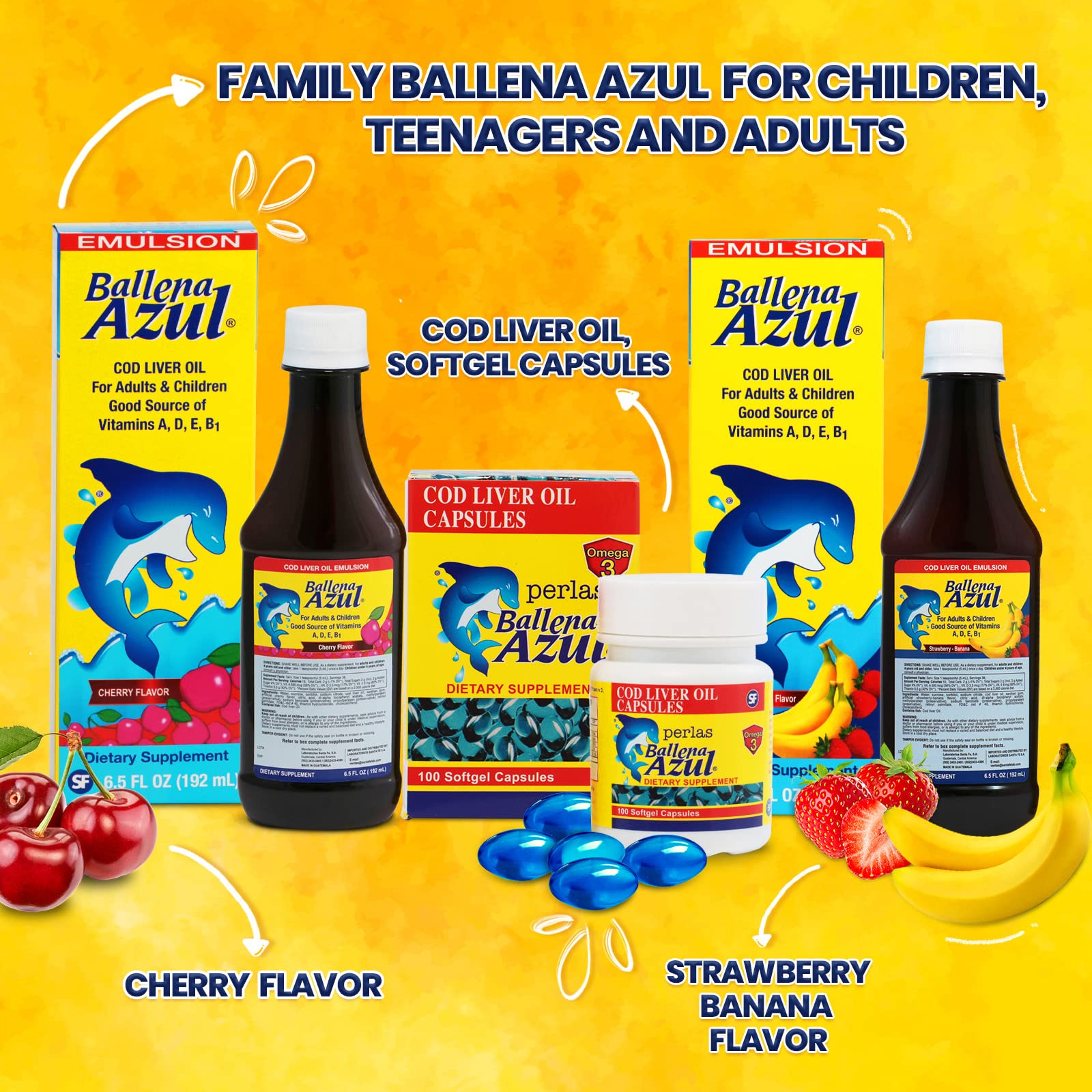 Emulsion Ballena Azul assorted flavors indicate pleasant taste options.