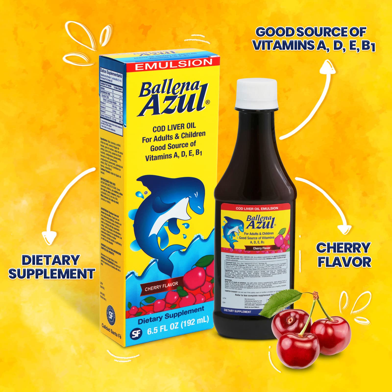 Emulsion Ballena Azul kids usage illustration emphasizes age-appropriate dosing.