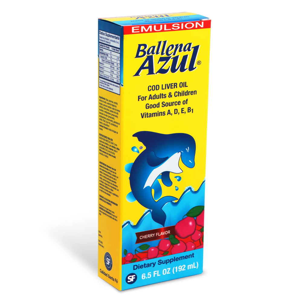 Emulsion Ballena Azul nutrition panel highlights vitamins A, D, E and B1.