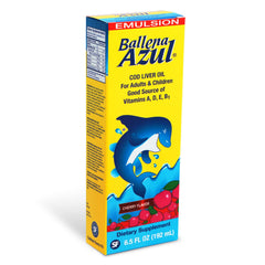 Emulsion Ballena Azul nutrition panel highlights vitamins A, D, E and B1.