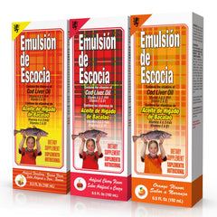 Emulsion de Escocia cod liver oil for kids with cherry flavor promotes kid-friendly daily supplementation.