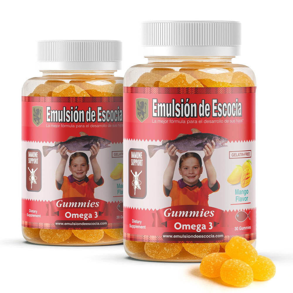 Emulsion de Escocia Omega 3 Gummies for Kids bottle front with mango flavor and kid-friendly design