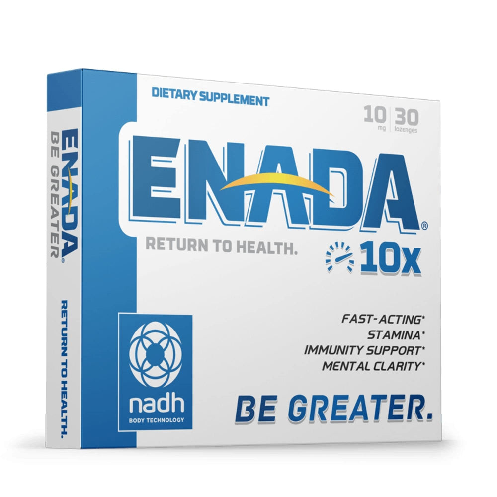 ENADA 10X NADH lozenge pack ready for travel, energy on the go.