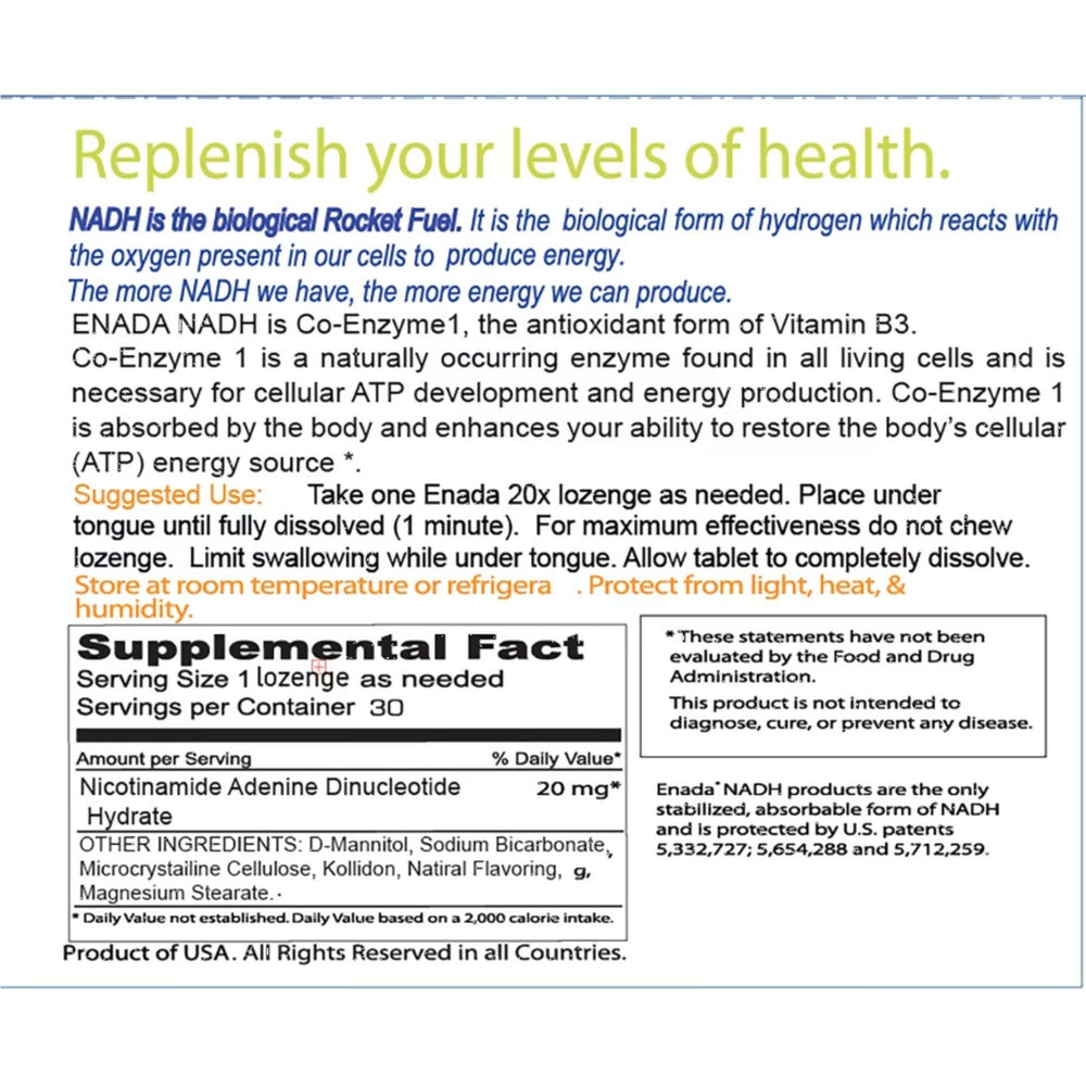 ENADA NADH 20x lozenges pack fast natural energy without jitters.