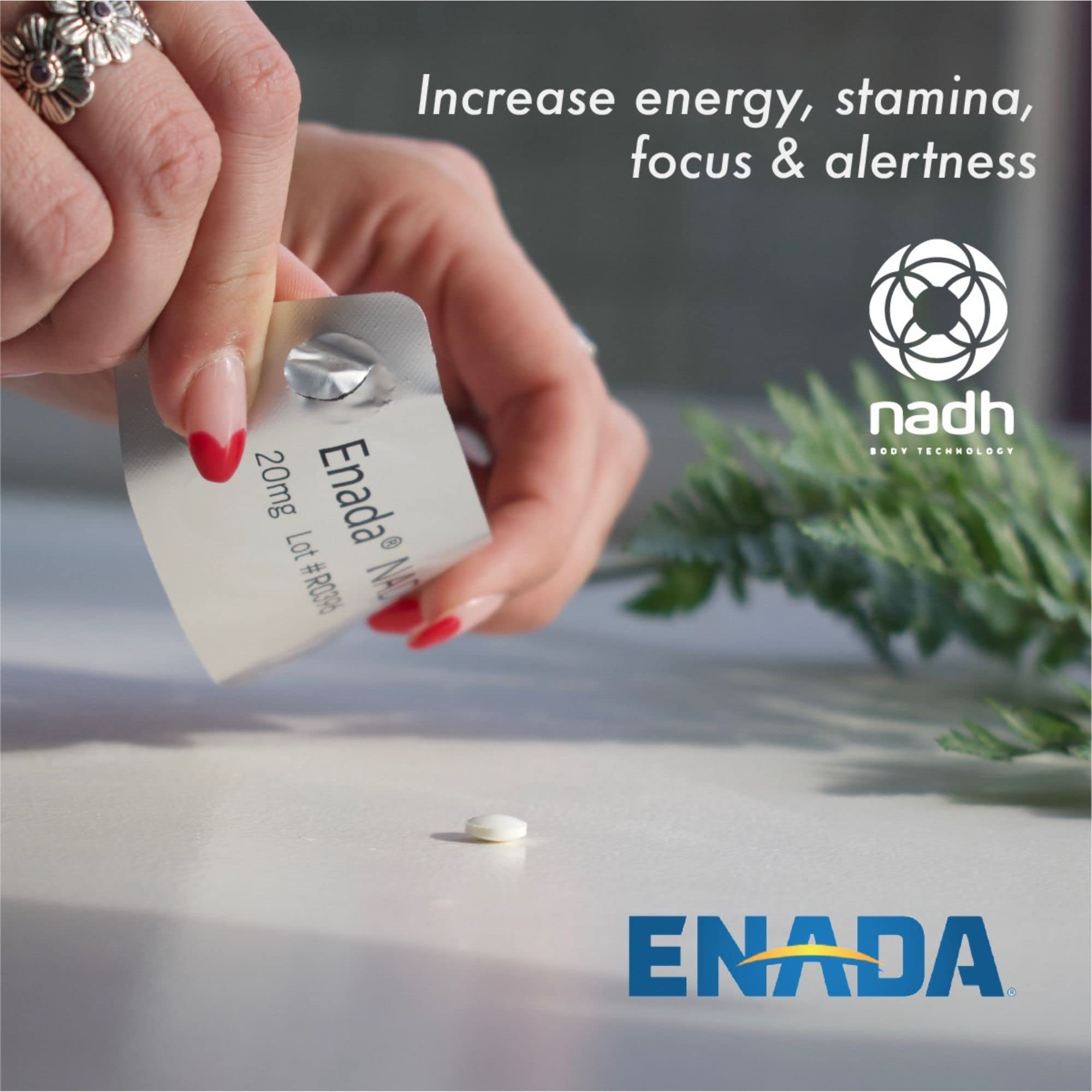 ENADA NADH 20x packaging front highlights ingredients and usage.