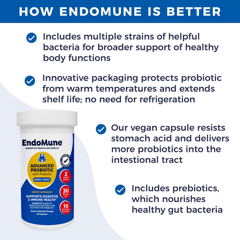 Endomune bottle label front highlighting premium vegan, non-GMO ingredients.