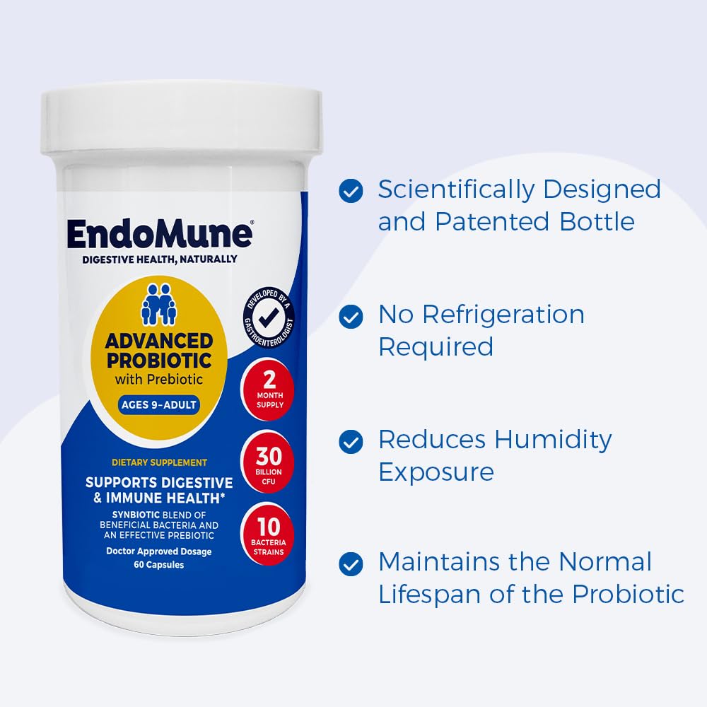 Endomune packaging shows non-GMO, kosher, gluten-free certifications.