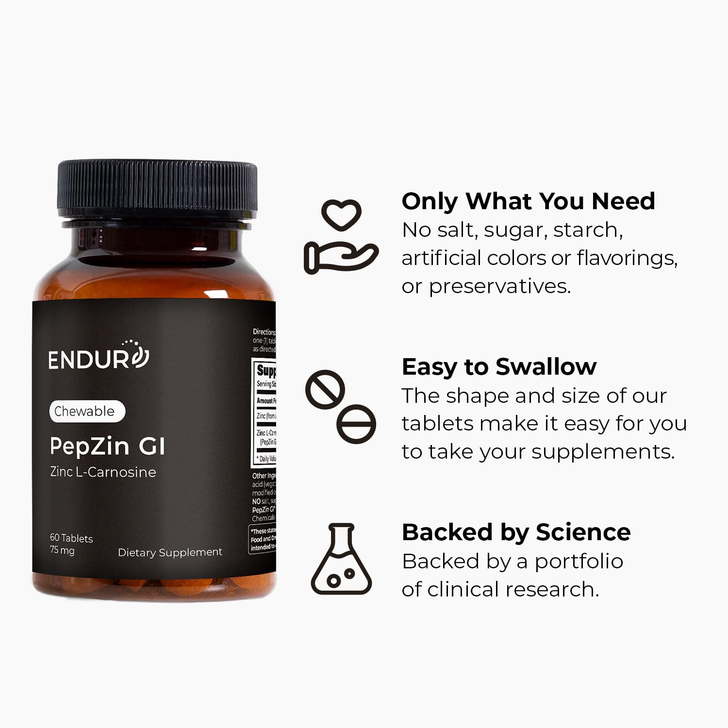 Gluten-free vegan icons on Endur PepZinGI packaging.