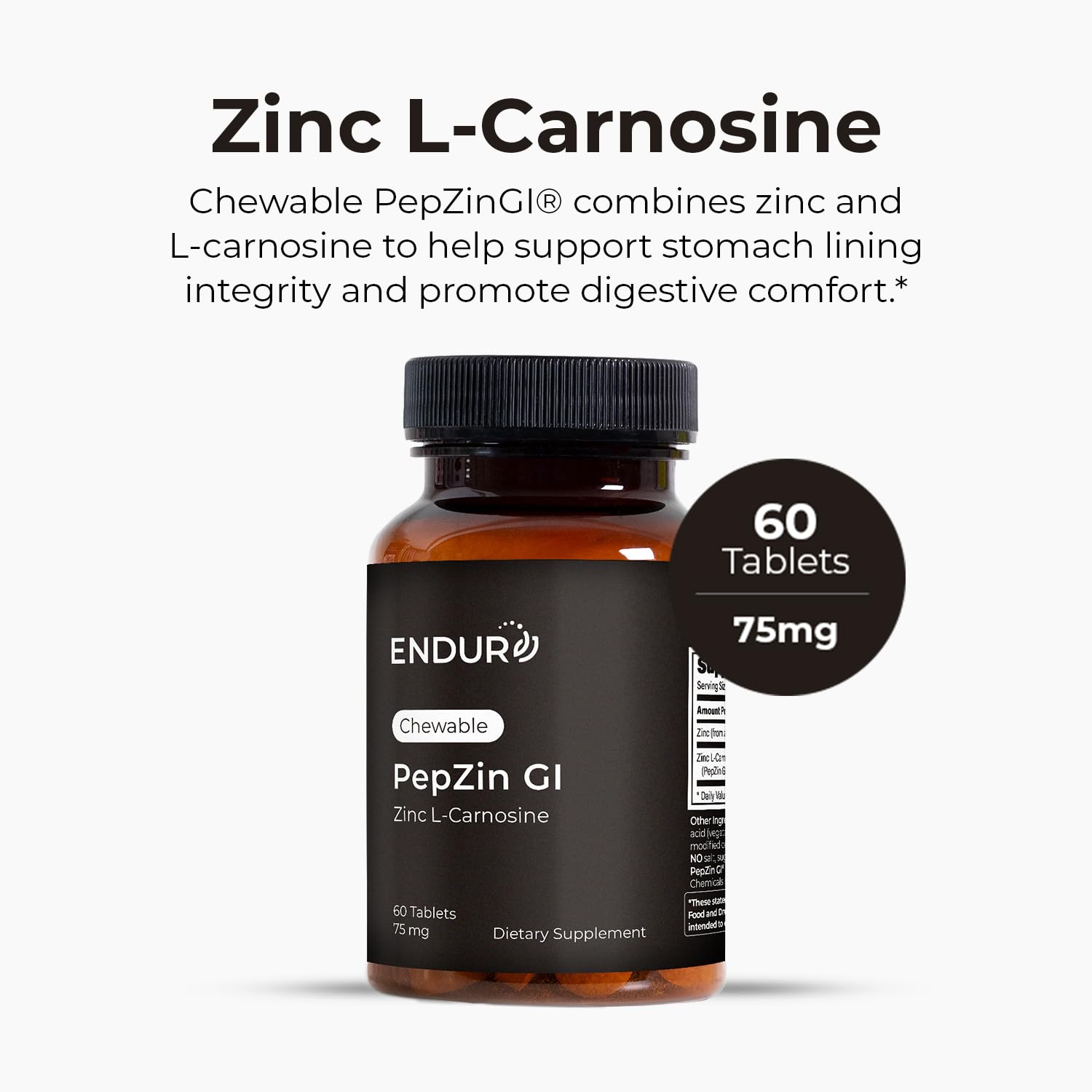 Close-up of Endur PepZinGI label highlights gluten-free vegan formula.
