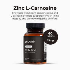Close-up of Endur PepZinGI label highlights gluten-free vegan formula.