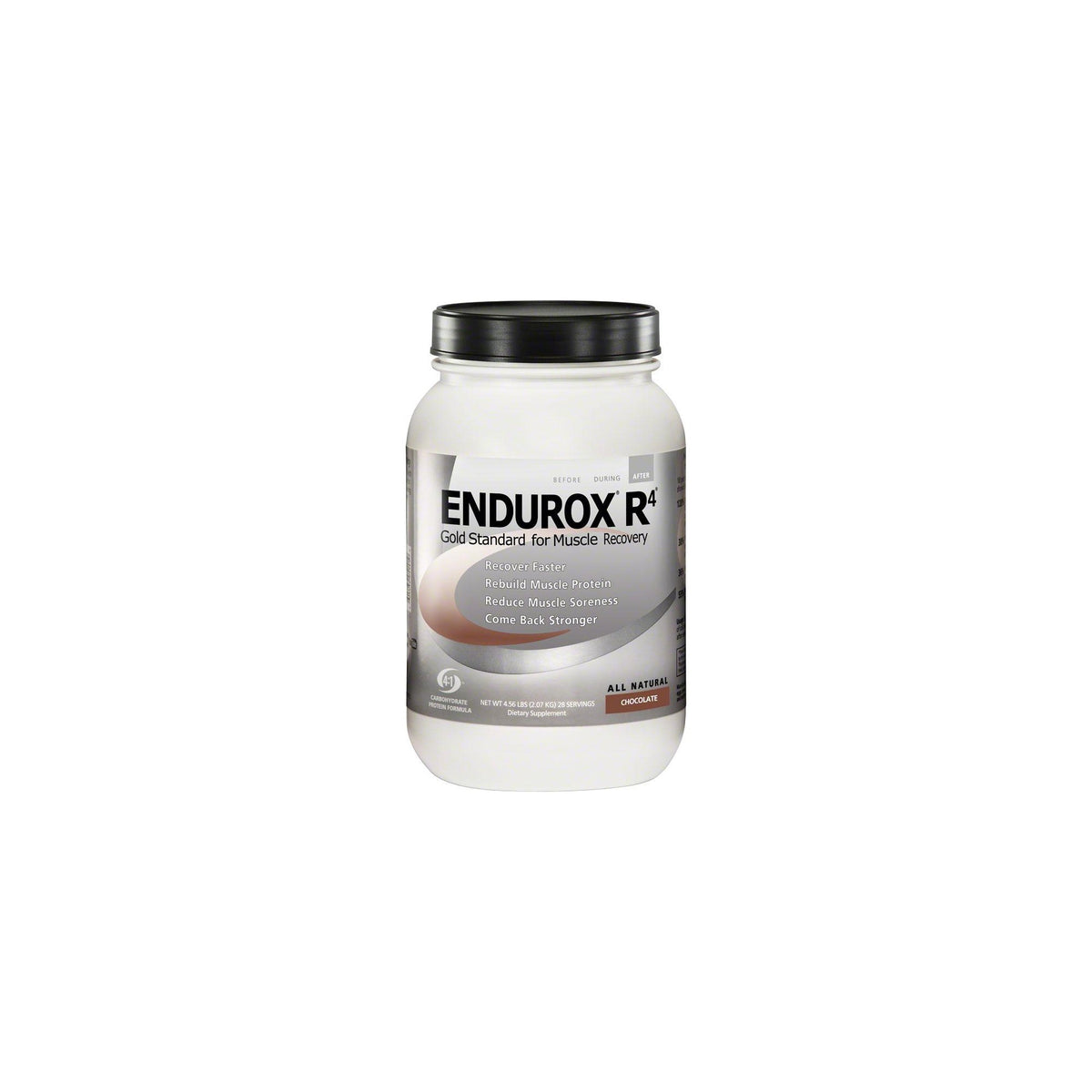 Endurox R4 chocolate tub close-up for post-workout recovery support.