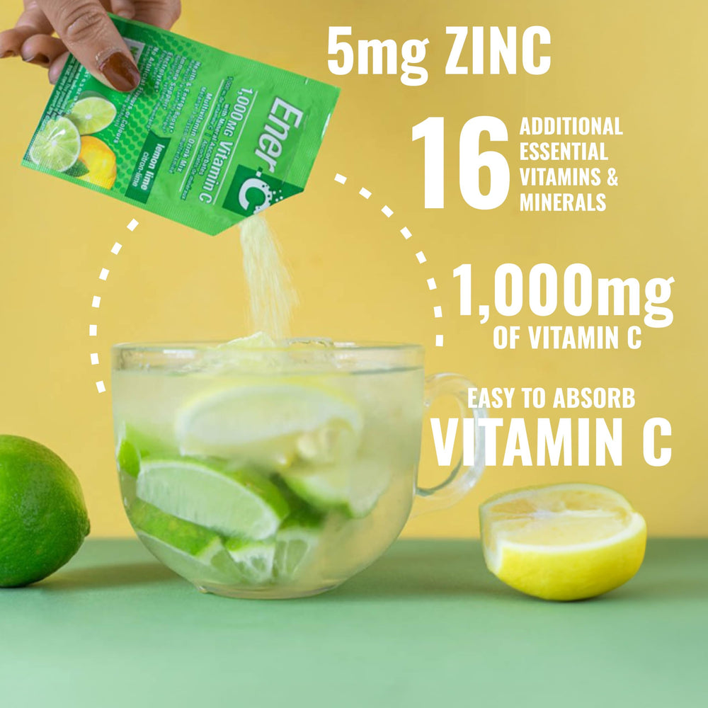 Ener-C lemon lime bottle label highlighting vitamin C benefits