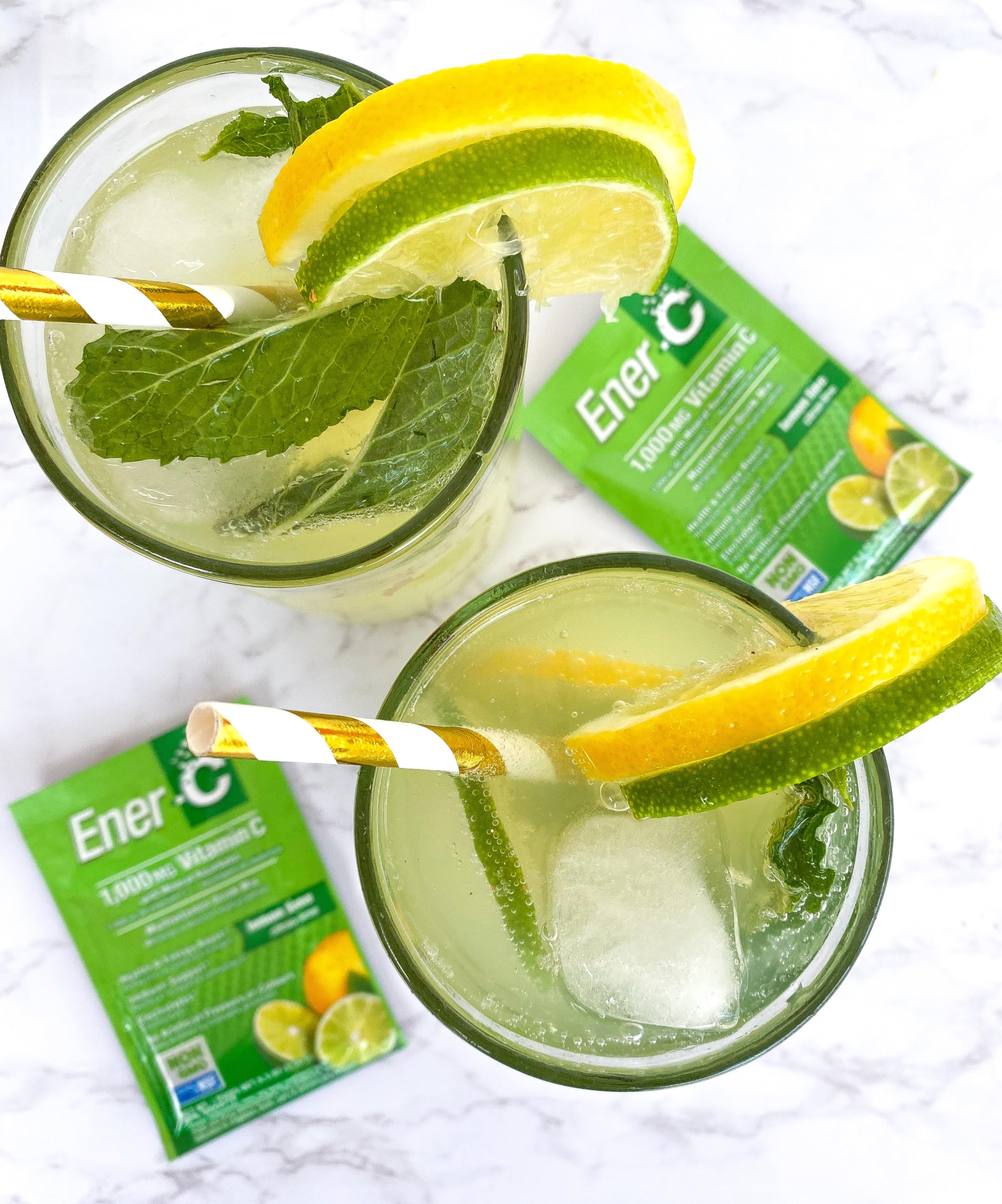 Ener-C on-the-go use with glass or bottle demonstrates convenient energy-friendly refreshment