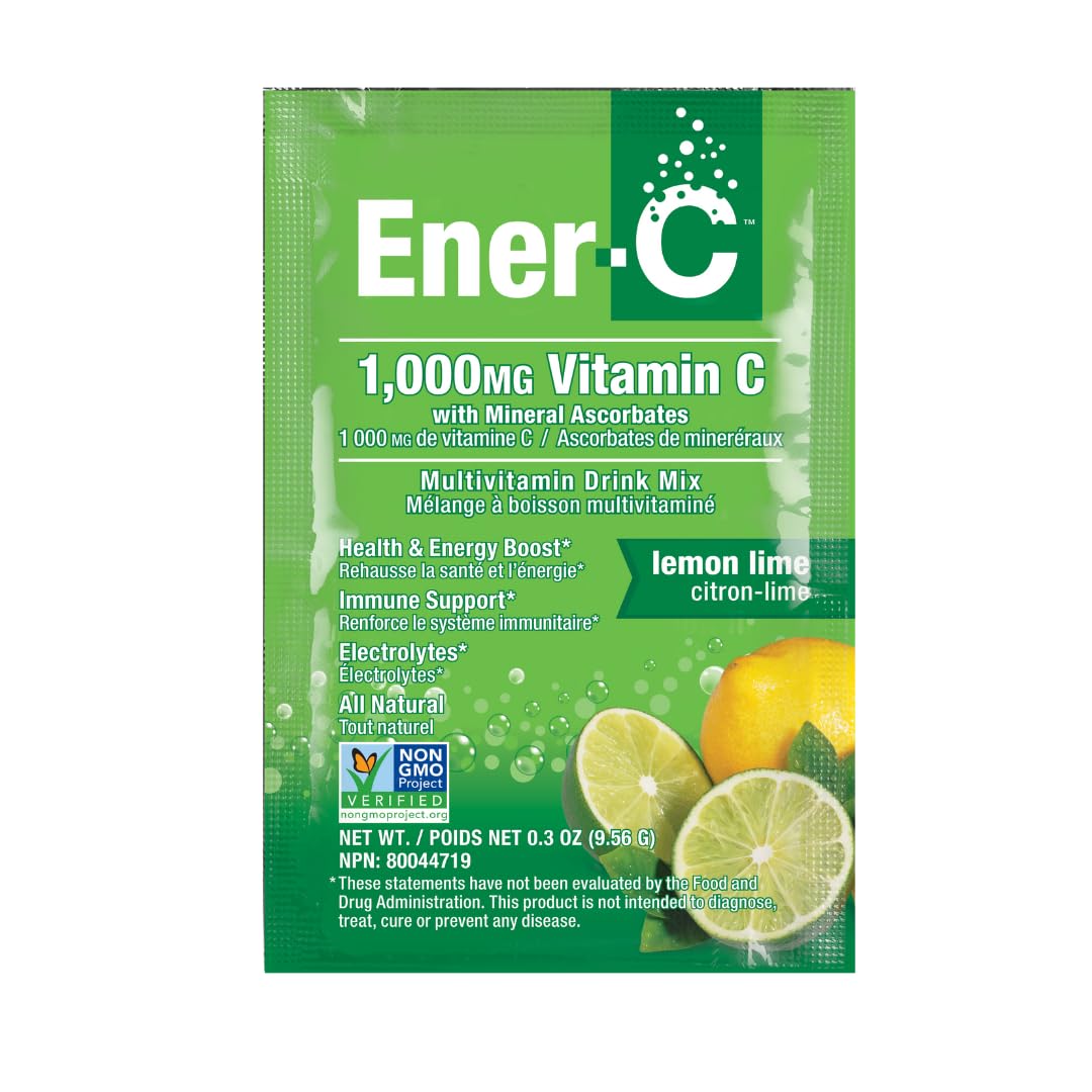 Ener-C multivitamin drink mix front packaging highlights lemon-lime flavor for daily hydration