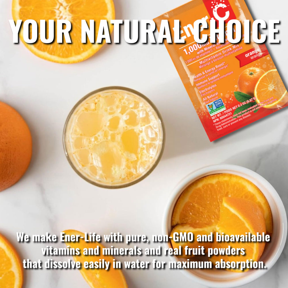 Ener-C Orange glass shows vibrant drink infused with electrolytes.